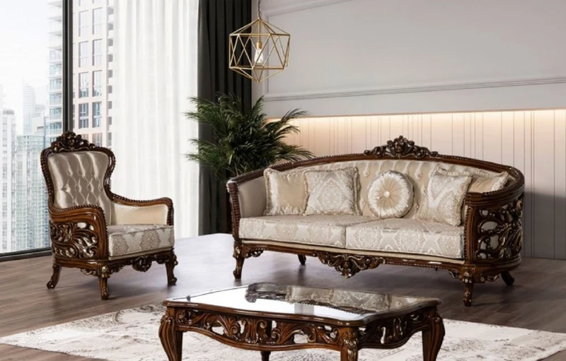 Casa Padrino Luxus Barock Sessel Beige / Braun / Gold - Prunkvoller Wohnzimmer Sessel mit elegantem Muster - Barock Wohnzimmer Möbel