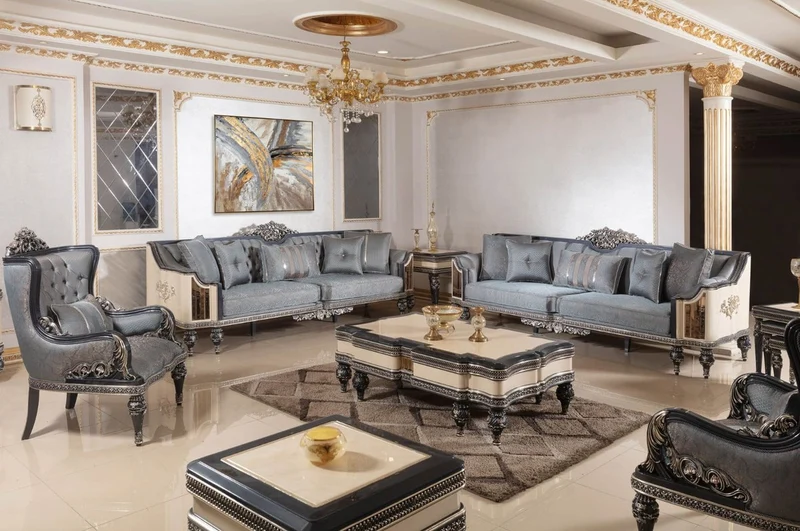 Casa Padrino Luxus Barock Sessel Hellblau / Schwarz / Gold - Handgefertigter Barockstil Wohnzimmer Sessel mit elegantem Muster - Barock Wohnzimmer Möbel - Edel & Prunkvoll