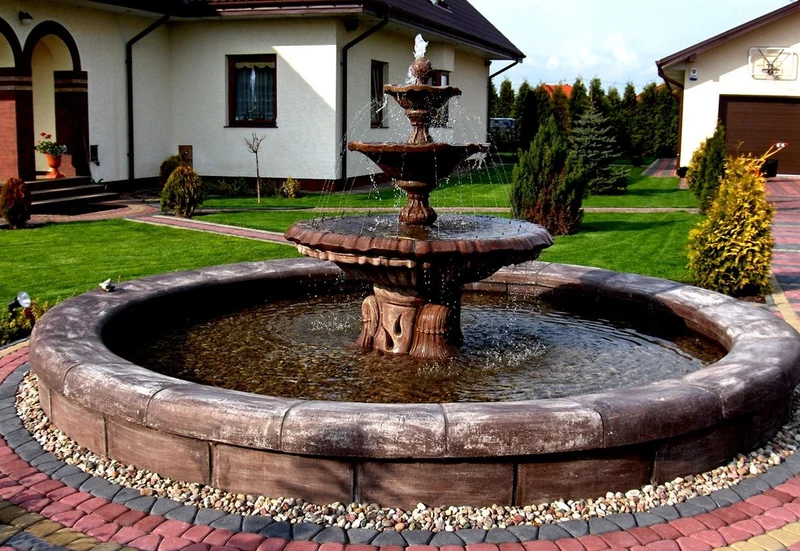 Casa Padrino Barock Garten Deko Springbrunnen Antik Braun Ø 465 x H. 180 cm - Prunkvoller Gartenbrunnen im Barockstil - Stein Brunnen mit Umrandung - Barock Garten & Terrassen Deko Accessoires