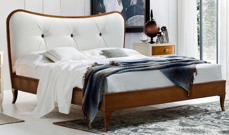 Casa Padrino Luxus Biedermeier Doppelbett Braun / Weiß 182 x 214 x H. 120 cm - Massivholz Bett mit Echtleder Kopfteil - Schlafzimmer Möbel - Luxus Qualität