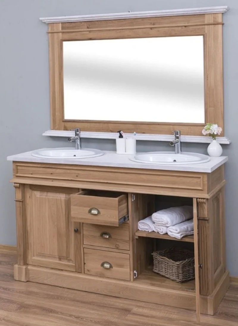 Casa Padrino Landhausstil Badezimmer Set Braun / Weiß - 1 Doppelwaschtisch & 2 Waschbecken & 2 Wasserhähne & 1 Wandspiegel - Massivholz Badezimmermöbel im Landhausstil