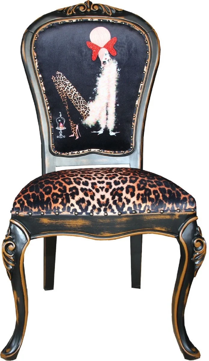 Casa Padrino Luxus Barock Esszimmer Set Dame mit High Heels Leopard / Schwarz / Braun 50 x 50 x H. 110 cm - 4 handgefertigte Esszimmerstühle - Barockmöbel