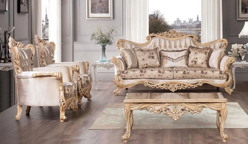 Casa Padrino Luxus Barock Wohnzimmer Set Beige / Braun / Naturfarben - 2 Barock Sofas mit Blumenmuster & 2 Barock Sessel mit Blumenmuster & 1 Barock Couchtisch - Barock Wohnzimmer Möbel