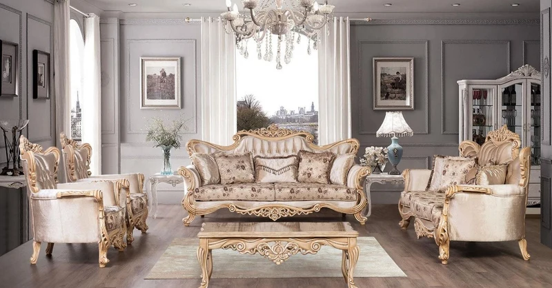 Casa Padrino Luxus Barock Wohnzimmer Set Beige / Braun / Naturfarben - 2 Barock Sofas mit Blumenmuster & 2 Barock Sessel mit Blumenmuster & 1 Barock Couchtisch - Barock Wohnzimmer Möbel