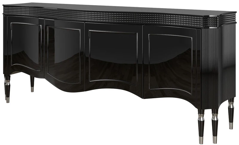 Casa Padrino Luxus Art Deco Sideboard Schwarz / Silber 220 x 53 x H. 93 cm - Edler Wohnzimmer Schrank mit 4 Türen - Art Deco Möbel