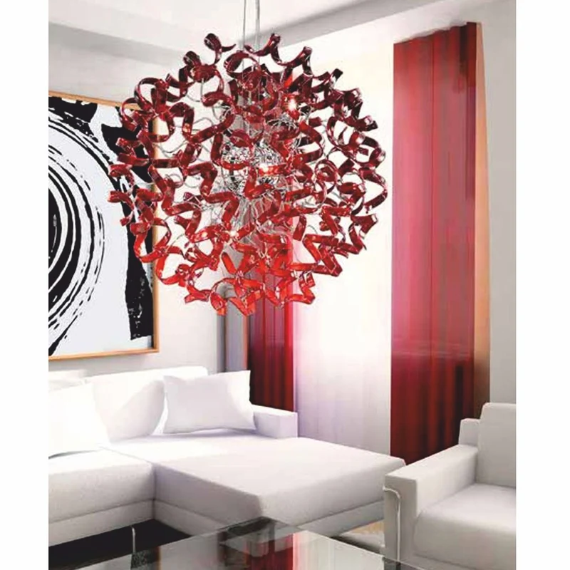 Casa Padrino Luxus LED Hängeleuchte Rot / Silber Ø 80 x H. 160 cm - Runde Kristallglas Pendelleuchte - Made in Italy