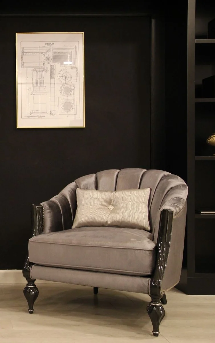 Casa Padrino Luxus Barock Sessel Grau / Schwarz / Silber 83 x 85 x H. 85 cm - Wohnzimmer Sessel mit edlem Samtstoff - Barock Möbel