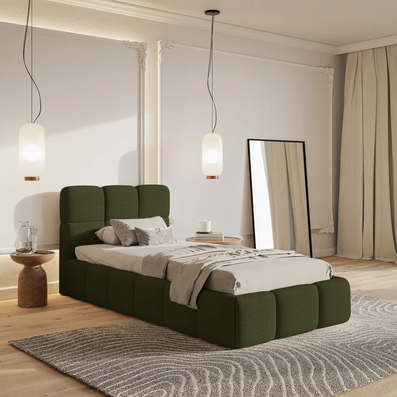 Polsterbett 90x200 cm Cloudy mit Stauraum, Metallrahmen, olivgrüner hydrophober Chenillestoff