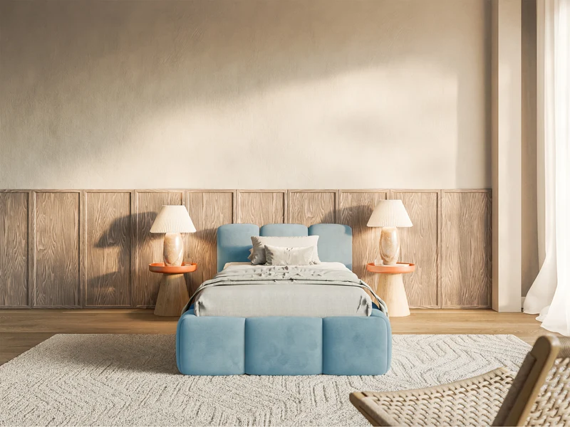 Gepolstertes Bett 90x200 cm Cloudy Low mit Stauraum, Metallrahmen, hellblauer Velours, wasserabweisend und pflegeleicht