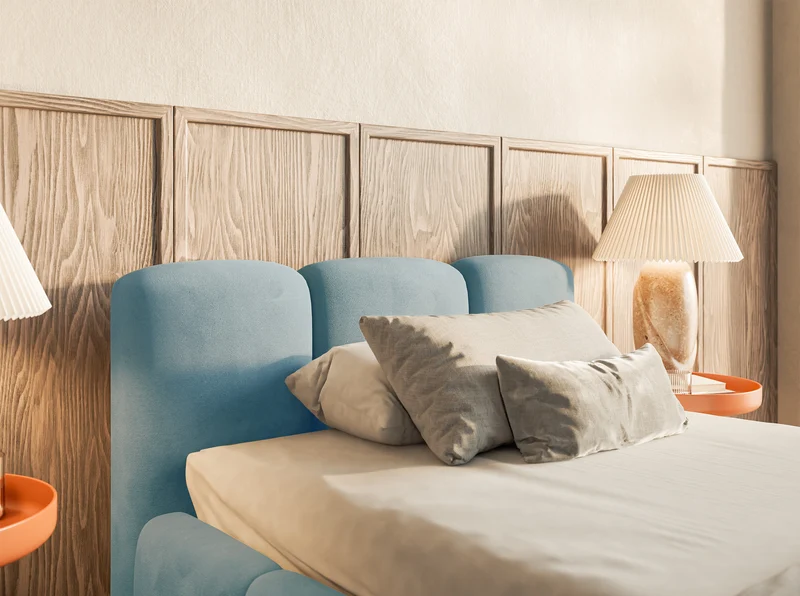 Gepolstertes Bett 90x200 cm Cloudy Low mit Stauraum, Metallrahmen, hellblauer Velours, wasserabweisend und pflegeleicht