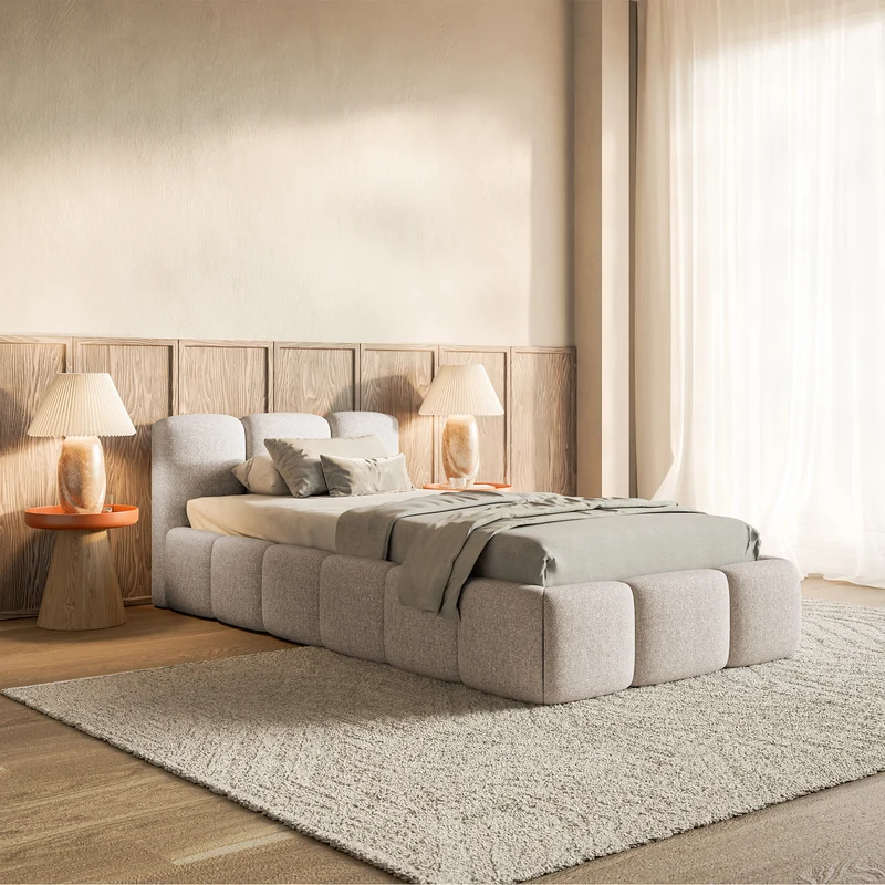 Polsterbett 90x200 cm Cloudy Low mit Stauraum, Metallrahmen, hellbeiger, wasserabweisender Chenille-Stoff