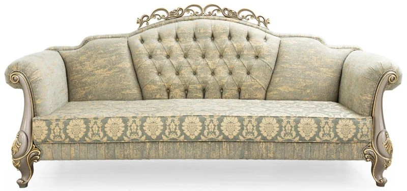 Casa Padrino Luxus Barock Sofa Grün / Gold / Grau / Gold 225 x 90 x H. 110 cm - Prunkvolles Barockstil Wohnzimmer Sofa mit elegantem Muster - Barock Möbel