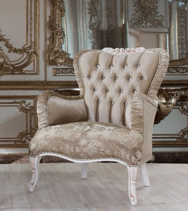 Casa Padrino Barock Sessel Braun / Weiß / Beige 80 x 82 x H. 100 cm - Prunkvoller Wohnzimmer Sessel mit Glitzersteinen - Barockstil Möbel