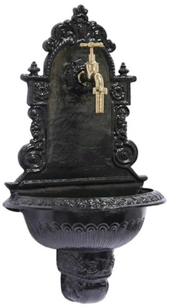 Casa Padrino Jugendstil Wandbrunnen Dunkelgrün / Messingfarben 41 x H. 75 cm - Nostalgischer Gartendeko Brunnen mit Wasserhahn - Garten Accessoires