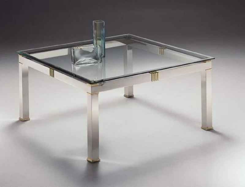 Casa Padrino Luxus Couchtisch Silber / Messingfarben 100 x 100 x H. 48 cm - Quadratischer Messing Wohnzimmertisch mit Glasplatte - Wohnzimmer Möbel - Luxus Qualität