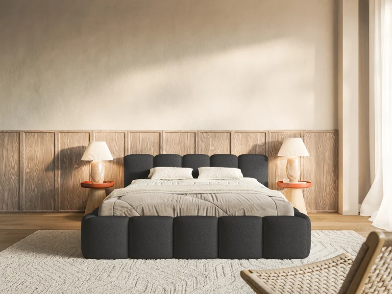 Gepolstertes Bett 120x200 cm Cloudy Low mit Stauraum, Metallrahmen, graphitfarben, hydrophober Chenille-Stoff
