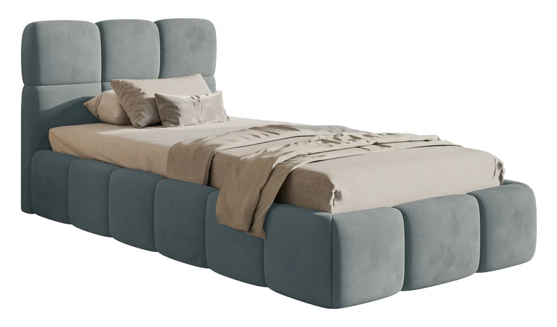 Gepolstertes Bett 90x200 cm Cloudy mit Stauraum, Metallrahmen, grauer Velours, wasserabweisend und pflegeleicht