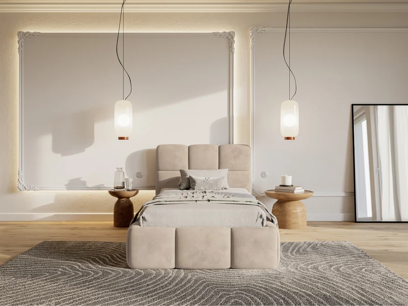 Polsterbett 90x200 cm Cloudy mit Stauraum, Metallrahmen, beige Velours, wasserabweisend und leicht zu reinigen
