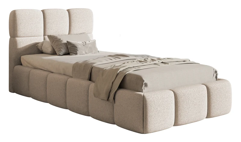Gepolstertes Bett 90x200 cm Cloudy mit Stauraum, Metallrahmen, hellbeiger hydrophober Chenillestoff