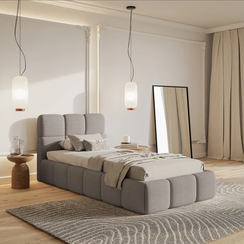 Gepolstertes Bett 90x200 cm Cloudy in hellgrauem Bouclé