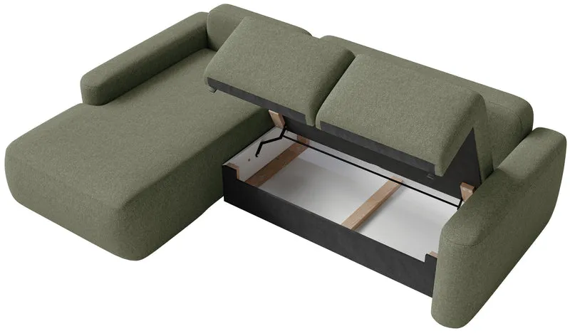 Ecksofa mit Schlaffunktion Carnos Mini, L-förmig, linksseitig, olivgrüner Chenille, leicht zu reinigen