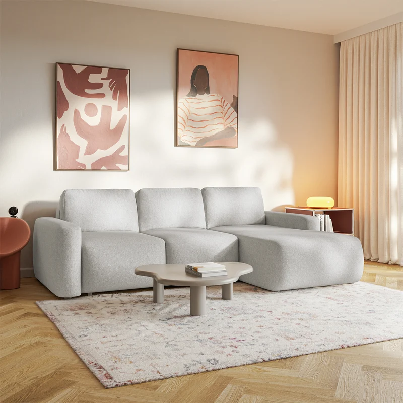 Ecksofa mit Schlaffunktion Carnos Mini, L-förmig, rechtsseitig, grau-beige, pflegeleichter Chenille-Stoff