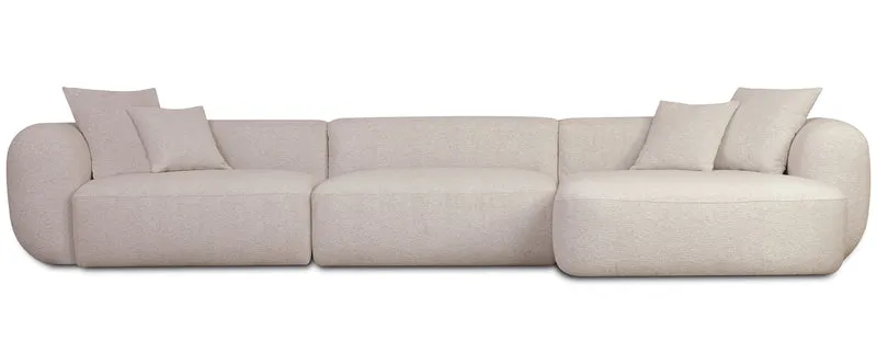 Modulares Ecksofa Baomi, großes L-förmiges Sofa mit Pouf, rechtsseitig, hellbeige Chenille