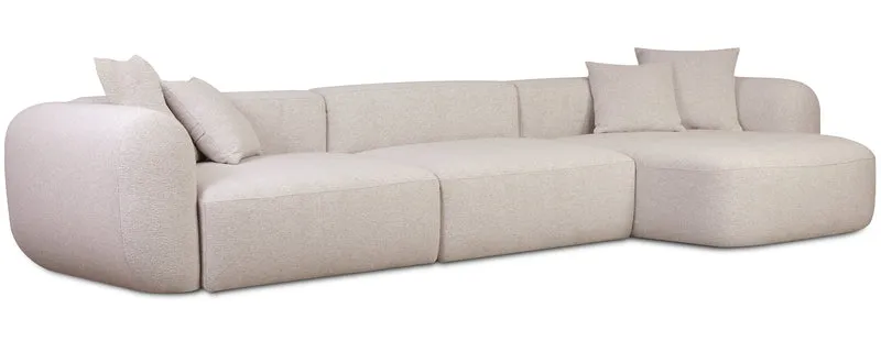 Modulares Ecksofa Baomi, großes L-förmiges Sofa mit Pouf, rechtsseitig, hellbeige Chenille