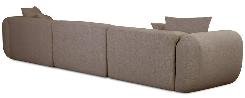 Großes L-förmiges modulares Ecksofa Baomi mit Hocker, linksseitig, hellbrauner Chenille-Bezug