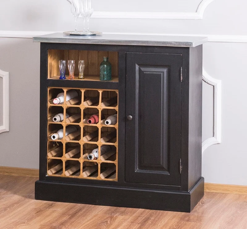 Casa Padrino Landhausstil Weinschrank Schwarz / Naturfarben / Silber 90 x 41 x H. 90 cm - Weinschrank mit Tür und verzinkter Platte