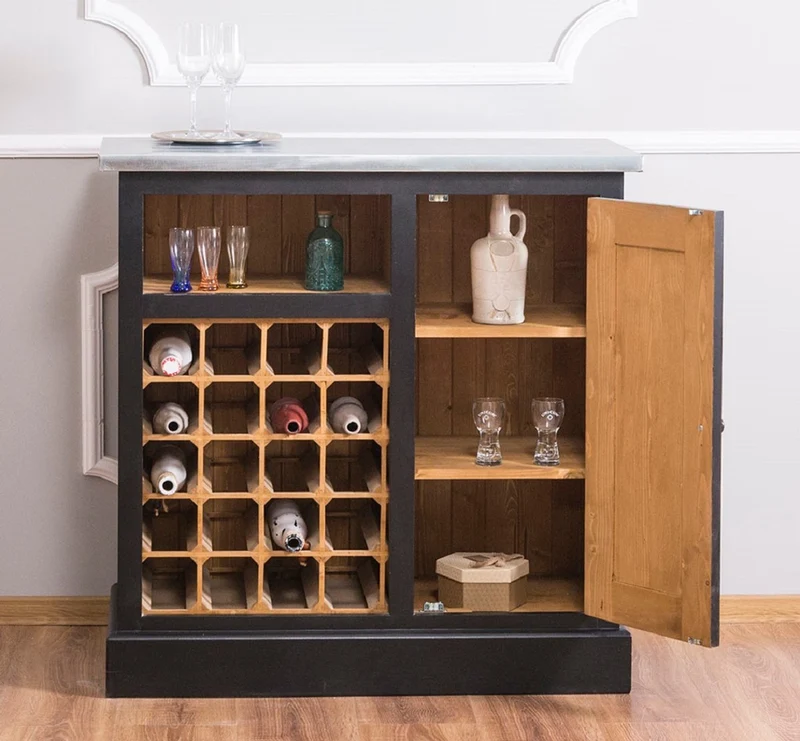 Casa Padrino Landhausstil Weinschrank Schwarz / Naturfarben / Silber 90 x 41 x H. 90 cm - Weinschrank mit Tür und verzinkter Platte