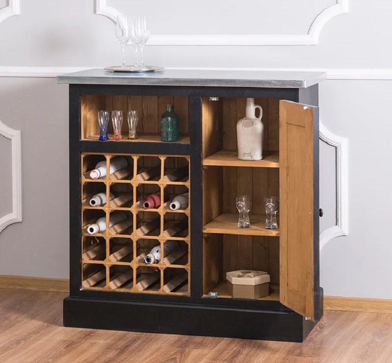 Casa Padrino Landhausstil Weinschrank Schwarz / Naturfarben / Silber 90 x 41 x H. 90 cm - Weinschrank mit Tür und verzinkter Platte
