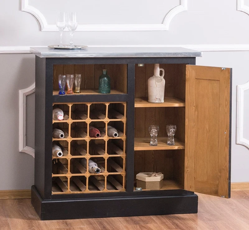 Casa Padrino Landhausstil Weinschrank Schwarz / Naturfarben / Silber 90 x 41 x H. 90 cm - Weinschrank mit Tür und verzinkter Platte