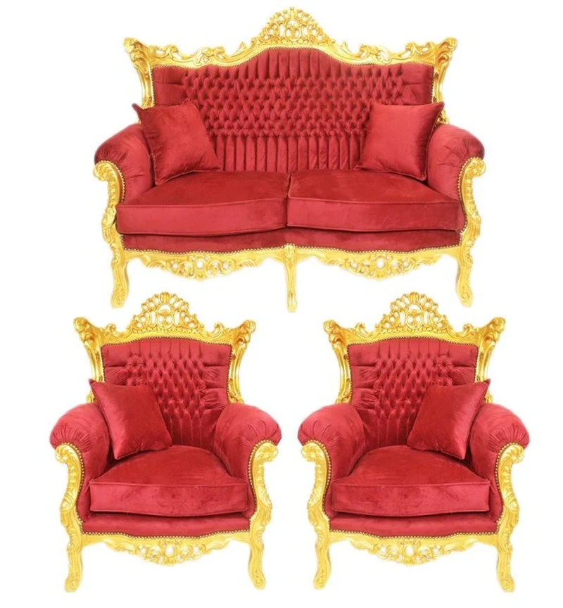 Casa Padrino Barock Wohnzimmer Set Bordeaux Samtstoff / Gold - 2er Sofa + 2 Sessel