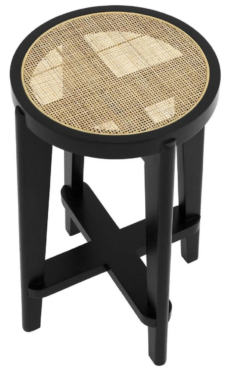 Casa Padrino Luxus Barhocker Schwarz / Naturfarben Ø 44 x H. 67 cm - Runder Massivholz Barstuhl - Bar Möbel
