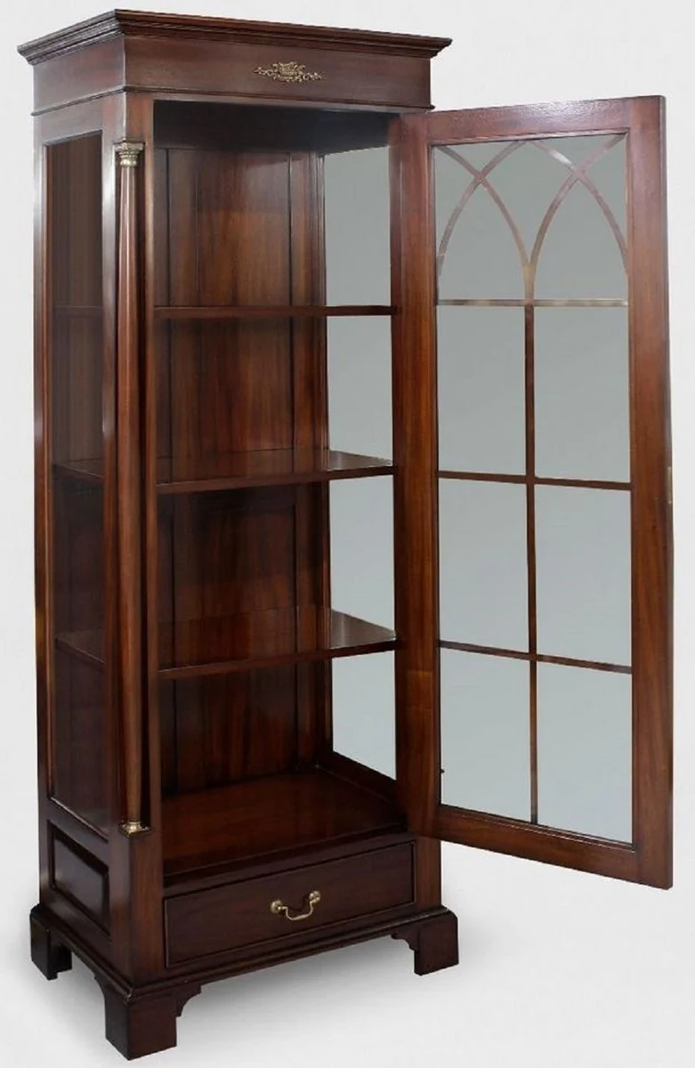 Casa Padrino Luxus Vitrine Dunkelbraun 70 x 45 x H. 192 cm - Mahagoni Vitrinenschrank mit Glastür und Schublade - Luxus Mahagoni Wohnzimmer Möbel