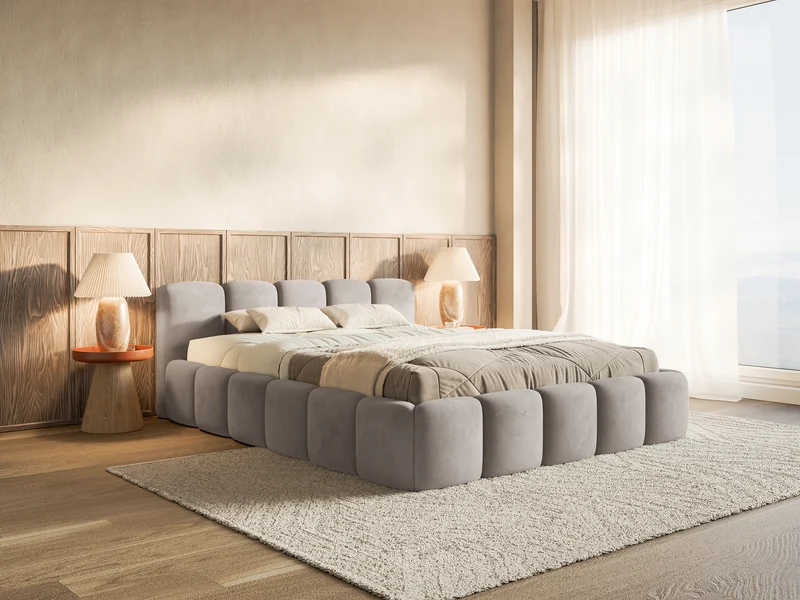 Gepolstertes Bett 120x200 cm Cloudy Low hellgrauer Velours, wasserabweisend und leicht zu reinigen