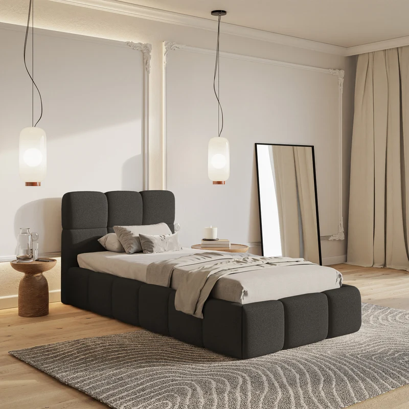 Gepolstertes Bett 90x200 cm Cloudy mit Stauraum, Metallrahmen, graphitfarben, hydrophobes Chenille