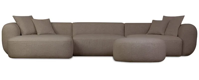 Großes L-förmiges modulares Ecksofa Baomi mit Hocker, linksseitig, hellbrauner Chenille-Bezug