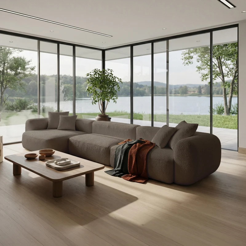 Großes L-förmiges modulares Ecksofa Baomi mit Hocker, linksseitig, hellbrauner Chenille-Bezug