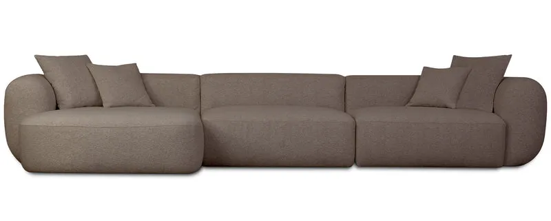 Großes L-förmiges modulares Ecksofa Baomi mit Hocker, linksseitig, hellbrauner Chenille-Bezug