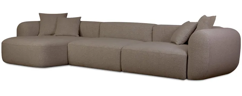 Großes L-förmiges modulares Ecksofa Baomi mit Hocker, linksseitig, hellbrauner Chenille-Bezug