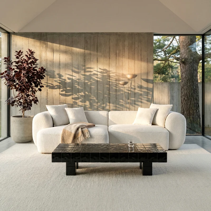Modulares Ecksofa Baomi, L-förmig, mit Hocker, linksseitig, cremefarbenes Chenille