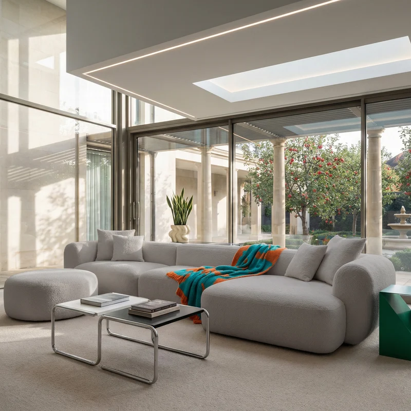 Großes, L-förmiges, modulares Ecksofa Baomi mit Hocker, rechtsseitig, hellgrauer Chenille-Stoff