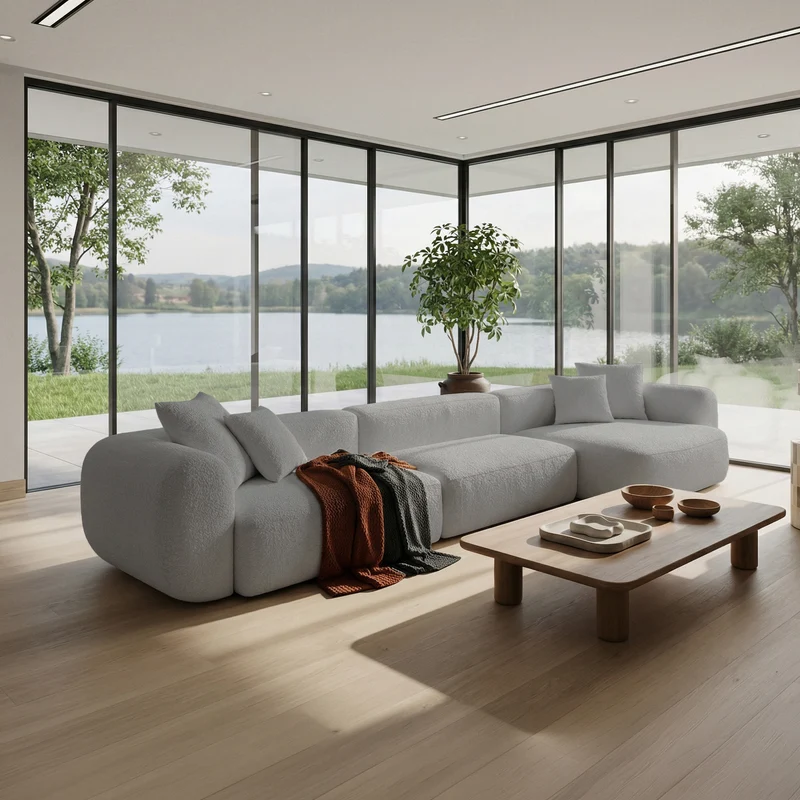 Großes, L-förmiges, modulares Ecksofa Baomi mit Hocker, rechtsseitig, hellgrauer Chenille-Stoff