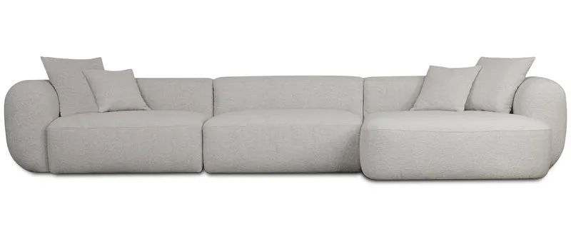 Großes, L-förmiges, modulares Ecksofa Baomi mit Hocker, rechtsseitig, hellgrauer Chenille-Stoff