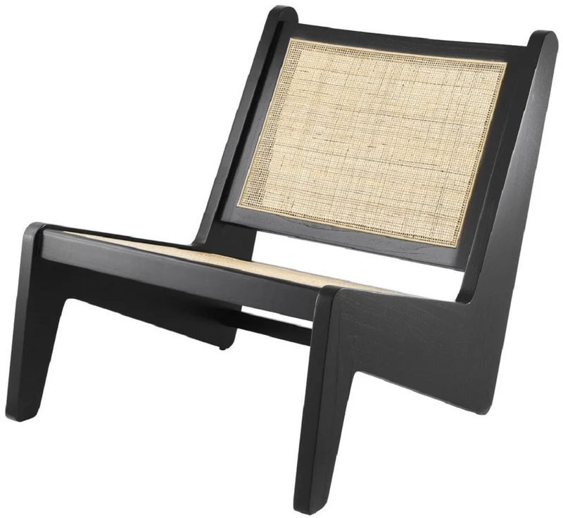 Casa Padrino Designer Wohnzimmer Sessel Schwarz / Naturfarben 75 x 89 x H. 77,5 cm - Massivholz Sessel mit handgewebtem Rattangeflecht - Luxus Möbel