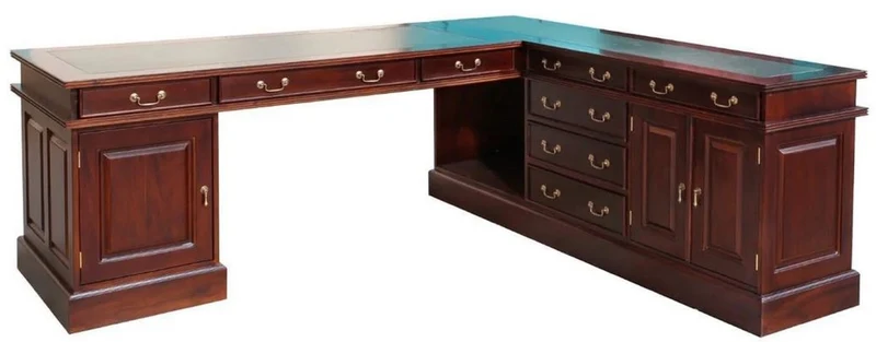 Casa Padrino Luxus Mahagoni Eckschreibtisch Dunkelbraun / Grün 225 x 200 x H. 80 cm - Massivholz Bürotisch - Mahagoni Büro Möbel - Luxus Büro Möbel