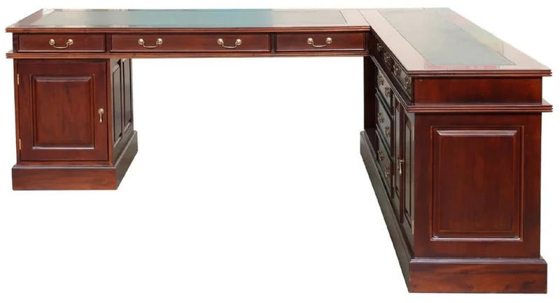 Casa Padrino Luxus Mahagoni Eckschreibtisch Dunkelbraun / Grün 225 x 200 x H. 80 cm - Massivholz Bürotisch - Mahagoni Büro Möbel - Luxus Büro Möbel