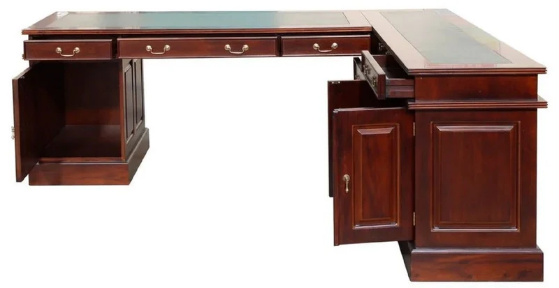 Casa Padrino Luxus Mahagoni Eckschreibtisch Dunkelbraun / Grün 225 x 200 x H. 80 cm - Massivholz Bürotisch - Mahagoni Büro Möbel - Luxus Büro Möbel